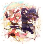  1girl belt black_hair book boots dress estellise_sidos_heurassein feathers full_body gloves green_eyes highres jacket long_hair pants pink_hair quill sanae_(satansanae) short_hair smile sword tales_of_(series) tales_of_vesperia weapon yuri_lowell 