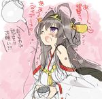  araki_kanao bare_shoulders blush brown_hair commentary_request detached_sleeves kantai_collection kongou_(kantai_collection) long_hair nontraditional_miko one_eye_closed open_mouth pouring purple_eyes sketch solo spilling teapot 