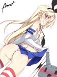  ass blonde_hair blush brown_eyes elbow_gloves gloves hair_ribbon kantai_collection long_hair looking_at_viewer looking_back mtu_(orewamuzituda) panties rensouhou-chan ribbon sailor_collar shimakaze_(kantai_collection) skirt skirt_lift solo striped striped_legwear sweat thighhighs underwear white_gloves white_panties 