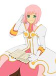  bad_id bad_pixiv_id book coat dress estellise_sidos_heurassein gloves green_eyes highres konno_(pixiv) pink_hair short_hair smile solo tales_of_(series) tales_of_vesperia white_background 