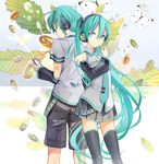  1girl acorn aqua_eyes aqua_hair back-to-back bug butterfly detached_sleeves genderswap genderswap_(ftm) hatsune_miku hatsune_mikuo headphones insect kari_kenji leaf long_hair mouth_hold necktie shorts skirt thighhighs twintails very_long_hair vocaloid 