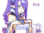  1girl breasts bust cat elf glasses green_eyes hair_over_one_eye hands_on_breasts medium_breasts parted_lips pointy_ears ponytail purple_hair sacred_blaze selphina solo upper_body 