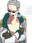  1boy cigar crossed_arms curry_gohan epaulettes fur_trim gloves jacket male male_focus marine nnk_karemeshi one_piece open_clothes open_shirt scar shirt smoker smoking sunglasses white_hair 