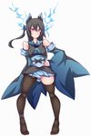  asymmetrical_clothes asymmetrical_legwear bare_shoulders black_hair black_legwear breasts charizard detached_sleeves gen_1_pokemon highres japanese_clothes large_breasts mega_charizard_x mega_pokemon personification pokemon ponytail red_eyes solo xiaoking 