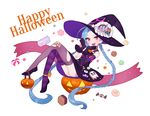  1girl :d asymmetrical_legwear black_gloves blue_hair braid candy crossed_bandaids fang gloves gwayo happy_halloween hat jack-o&#039;-lantern jack-o'-lantern jinx_(league_of_legends) league_of_legends legs_crossed long_hair looking_at_viewer open_mouth pink_eyes smile solo striped striped_legwear thighhighs twin_braids very_long_hair white_background witch_hat 