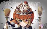  1girl animal_ears aqua_eyes aqua_hair aqua_hat bat blonde_hair blue_eyes blue_hat blue_scarf brown_eyes brown_hat building closed_mouth fangs fork fusion ghost green_eyes hair_ornament hairclip hat helmet heterochromia highres holding holding_fork jack-o'-lantern kagamine_len kagamine_rin looking_at_viewer mini_hat mini_top_hat monocle necktie nou oversized_object parted_lips pink_hat portrait red_eyes red_neckwear scarf slit_pupils smile stuffed_animal stuffed_toy teddy_bear top_hat twintails vocaloid 