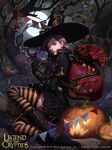  bag boots breasts candy capelet cglange dress food full_moon gloves halloween hat high_heels highres jack-o'-lantern large_breasts legend_of_the_cryptids lips lollipop moon mushroom nadia_(legend_of_the_cryptids) one_eye_closed pleated_skirt skirt solo striped striped_legwear thighhighs tree watermark witch witch_hat zettai_ryouiki 