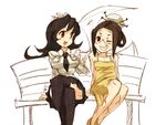  artist_request black_hair black_legwear brown_hair carol_(skullgirls) crossed_legs filia_(skullgirls) grin long_hair multiple_girls necktie painwheel_(skullgirls) red_eyes samson_(skullgirls) school_uniform skirt skullgirls smile stitches thighhighs veins 