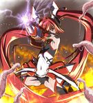  akazawa_red antenna_hair armor armpits arms_up bangs battle black_legwear covered_mouth covered_navel electricity embers faulds fighting_stance fire flat_chest floating_hair genderswap genderswap_(mtf) gloves hair_between_eyes headgear legs_apart leotard long_hair looking_at_viewer magical_girl ore_twintail_ni_narimasu purple_eyes red_hair shaded_face sketch slime solo sweat tailred tentacles thighhighs twintails vambraces very_long_hair 