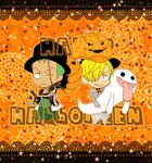  2boys blonde_hair chibi formal ghost green_hair hair_over_one_eye halloween hat jack-o&#039;-lantern jack-o'-lantern lowres male male_focus multiple_boys one-eyed one_piece pinstripe_pattern pinstripe_suit roronoa_zoro sanji sheathed_sword stitching suit sword weapon 