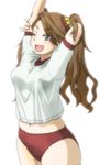  ;d breasts brown_eyes brown_hair buruma cowboy_shot gundam gundam_build_fighters gundam_build_fighters_try gym_uniform hair_ornament knives_(knives777) long_hair medium_breasts midriff navel one_eye_closed open_mouth sazaki_kaoruko shirt simple_background smile solo standing stretch twintails uniform white_background 