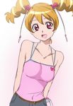  :d bare_shoulders breasts brown_hair fresh_precure! looking_at_viewer manji_(tenketsu) medium_breasts momozono_love open_mouth pink_eyes pink_tank_top precure short_hair sketch smile solo twintails 