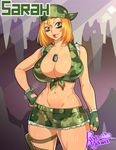  agawa_ryou ahoge artist_name bandana blonde_hair blue_eyes borrowed_character breasts camouflage character_name cleavage curvy cutoffs dog_tags facepaint fingerless_gloves front-tie_top gloves holster huge_breasts lips lipstick makeup military navel original short_hair shorts skindentation solo thigh_holster watermark web_address 