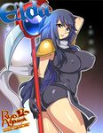  agawa_ryou arm_up artist_name ass black_gloves blue_eyes blue_hair borrowed_character breasts character_name covered_nipples elda_bianchi fantasy gloves large_breasts lips loincloth long_hair md5_mismatch original parted_lips pauldrons scarf short_shorts shorts solo staff thighs watermark web_address 