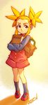  bag book commentary cryamore esmyrelda_maximus freckles hair_ribbon highres holding holding_book long_hair mary_janes orange_eyes orange_hair ribbon robert_porter school_bag shoes shorts smile socks solo twintails younger 