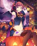  bat bat_wings candy cat food full_moon halloween headphones headset highres horns jack-o'-lantern kalian looking_at_viewer love_live! love_live!_school_idol_project midriff moon nishikino_maki pinstripe_pattern pumpkin purple_eyes red_hair short_hair shorts solo star striped tail thighhighs wings 