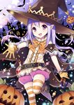  :d candy detached_sleeves food gloves halloween hat holding jack-o'-lantern long_hair looking_at_viewer mauve open_mouth pio_(potion_maker) pointy_ears potion_maker pumpkin_pants purple_eyes purple_hair reaching shoes smile solo standing standing_on_one_leg striped striped_legwear thighhighs wand witch_hat yellow_gloves zettai_ryouiki 