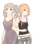  2girls :d arm_holding belt black_shirt breasts brown_hair cleavage dark_illuminate dress drill_hair grey_hair highres idolmaster idolmaster_cinderella_girls kanzaki_ranko long_dress long_hair looking_at_viewer medium_breasts midriff multicolored_hair multiple_girls ninomiya_asuka okazaki_toru open_mouth pants purple_dress purple_hair red_eyes shirt sketch smile spaghetti_strap tank_top twin_drills twintails two-tone_hair white_belt 