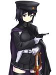  a9b_(louis814) akitsu_maru_(kantai_collection) belt black_eyes black_hair breasts cape cosplay cowboy_shot devil_summoner gloves gun handgun highres holster kantai_collection katana kuzunoha_raidou kuzunoha_raidou_(cosplay) medium_breasts nagant_m1895 remodel_(kantai_collection) revolver shin_megami_tensei short_hair skirt solo sword thighhighs weapon white_background white_gloves zettai_ryouiki 