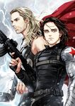  armor bad_id bad_pixiv_id baicoco blonde_hair blue_eyes brown_hair cape captain_america_the_winter_soldier cyborg gun hammer james_buchanan_barnes marvel mechanical_arm mjolnir multiple_boys thor_(marvel) weapon winter_soldier 