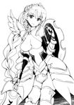  armor armored_dress bare_shoulders braid breasts collarbone dress earrings feathered_wings greyscale hair_ornament halterneck highres holding holding_sword holding_weapon jewelry kazuchi large_breasts light_valkyrie_(p&amp;d) lineart long_hair monochrome puzzle_&amp;_dragons shield simple_background smile solo sword taut_clothes taut_dress thighhighs tiara tri_braids valkyrie valkyrie_(p&amp;d) very_long_hair weapon white_background wings 