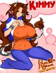  agawa_ryou animal_ears artist_name borrowed_character breasts brown_eyes brown_hair character_name cleavage covered_nipples cow_ears cow_girl cow_horns cow_tail cropped_jacket denim horns huge_breasts jeans long_hair md5_mismatch no_bra original pants shoes sitting sneakers solo tail very_long_hair wariza 