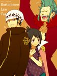  1girl 2boys bartolomeo black_hair character_name curry_gohan green_hair hat marine multiple_boys nnk_karemeshi one_piece pirate tashigi trafalgar_law 