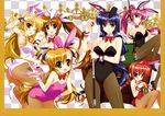  absurdres ahoge alcohol animal_ears ass black_legwear black_leotard blonde_hair blue_eyes blue_leotard bottle bow bowtie braid breasts bunny_girl bunnysuit carrot champagne checkered checkered_background cleavage cork cue_stick detached_collar drunk eating fake_animal_ears fate_testarossa flat_chest fujima_takuya green_eyes hairband heart heterochromia highres large_breasts leotard long_hair lyrical_nanoha mahou_shoujo_lyrical_nanoha_vivid micaiah_chevelle multiple_girls official_art one_eye_closed pantyhose pink_hair pink_leotard plate ponytail pool_table purple_eyes purple_hair red_eyes red_hair red_leotard sacred_heart scan sheer_legwear side_ponytail signum takamachi_nanoha twin_braids very_long_hair vita vivio white_leotard wrist_cuffs 