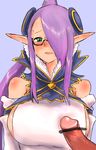  blush breasts bust censored elf glasses green_eyes hair_over_one_eye han_(jackpot) large_breasts penis pointless_censoring pointy_ears ponytail purple_hair sacred_blaze selphina sideboob sweat upper_body 
