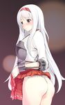  ass blush commentary_request embarrassed fundoshi hairband japanese_clothes kantai_collection long_hair muneate purple_eyes shoukaku_(kantai_collection) silver_hair skirt skirt_lift solo tears tilm 