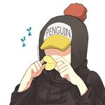  1boy chips curry_gohan earflap_hat food hat hat_over_eyes hat_pompom heart_pirates jumpsuit male male_focus nnk_karemeshi one_piece penguin_(one_piece) pringles solo 