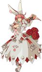  1girl arc_system_works belt clover dress elphelt_valentine full_body green_eyes guilty_gear guilty_gear_xrd gun official_art red_hair rose roses solo weapon wedding_dress 