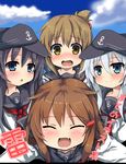  akatsuki_(kantai_collection) anchor_symbol black_hair blue_eyes blush brown_eyes brown_hair closed_eyes folded_ponytail hair_ornament hairclip hat hibiki_(kantai_collection) highres ikazuchi_(kantai_collection) inazuma_(kantai_collection) kantai_collection long_hair multiple_girls open_mouth oshiruko_(uminekotei) school_uniform serafuku short_hair silver_hair smile translation_request 