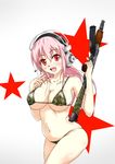  assault_rifle bikini blush breasts camouflage camouflage_bikini cleavage gun headphones highres kenagehanage large_breasts long_hair looking_at_viewer navel nitroplus open_mouth pink_hair red_eyes rifle skindentation smile solo super_sonico swimsuit weapon 