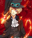  1boy artist_name belt blonde_hair blue_eyes blue_shirt character_name cravat curry_gohan fire goggles goggles_on_headwear hat jacket male male_focus nnk_karemeshi one_piece sabo_(one_piece) scar shirt smile solo top_hat 