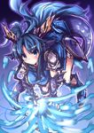  &gt;:) ankle_boots armor blue_dress blue_eyes blue_hair blush boots china_dress chinese_clothes dragon_girl dragon_horns dragon_tail dress energy_ball head_fins highres horns karin_(p&amp;d) long_hair purple_background puzzle_&amp;_dragons samoore short_sleeves smile solo tail v-shaped_eyebrows 