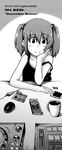  absurdres bad_id bad_pixiv_id blush blush_stickers cd_player cellphone coffee cup dated dj engineer english eraser greyscale hair_bobbles hair_ornament hand_on_own_cheek hand_on_own_face hand_on_table highres kaauchi kawashiro_nitori looking_at_viewer mechanic monochrome mouse mouse_(computer) mug no_hat no_headwear phone sampler screen screwdriver short_hair smartphone soldering_iron solo strap_slip table tank_top touhou two_side_up video_card 