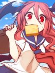  bag contemporary food food_in_mouth head_wings koakuma kuresento late_for_school long_hair mouth_hold red_eyes red_hair school_bag school_uniform serafuku solo sweatdrop toast toast_in_mouth touhou 