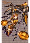  black_legwear blonde_hair elbow_gloves fang garter_straps gia gloves halloween happy_halloween hat highres long_hair looking_at_viewer mary_janes open_mouth original purple_eyes scarf scythe shoes solo striped striped_legwear thigh_strap thighhighs weapon witch_hat 