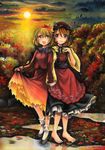  aki_minoriko aki_shizuha artist_name autumn autumn_leaves barefoot blonde_hair brown_eyes brown_hair cloud dated food forest fruit grapes grass hat holding_hands looking_at_another looking_at_viewer mosho multiple_girls nature neck_ribbon ribbon short_hair siblings signature sisters skirt skirt_lift sky smile sun sunlight sunset touhou traditional_media tree water watercolor_(medium) wind yellow_eyes 