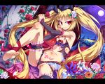  armpits barefoot blazblue blonde_hair breasts dutch_angle feet fingerless_gloves flower full_moon gloves hair_ribbon highres letterboxed long_hair looking_at_viewer moon nail_polish navel partially_visible_vulva rachel_alucard red_eyes red_flower red_rose ribbon ribs rose sitting small_breasts smile solo toenail_polish toes toraishi_666 twintails 