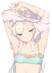  aida_takanobu armpits arms_up blue_bra blue_eyes bra cinderella_bust collarbone flat_chest frilled_bra frills half-closed_eyes long_hair original simple_background solo underwear undressing upper_body white_background white_hair 