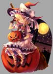  amahira apron bad_id bad_pixiv_id black_dress black_gloves blonde_hair bow braid broom candy dress fang fingerless_gloves food full_moon gloves graveyard halloween hat hat_bow highres jack-o'-lantern kirisame_marisa konpeitou mary_janes moon night one_eye_closed open_mouth puffy_short_sleeves puffy_sleeves shirt shoes short_sleeves single_braid sky smile solo star_(sky) starry_sky touhou waist_apron white_bow witch_hat yellow_eyes 