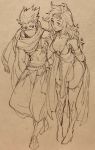  1boy 1girl breasts bridal_gauntlets cape circlet cleavage commentary_request detached_sleeves dress edward_geraldine final_fantasy final_fantasy_iv groin high_heels highres long_hair monochrome nanpou_(nanpou0021) older rydia smile thighhighs 