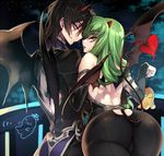  1girl ass bare_back bat_wings black_hair black_legwear c.c. cheese-kun code_geass creayus demon_horns demon_tail elbow_gloves gloves green_hair horns lelouch_lamperouge locked_arms long_hair looking_back night night_sky open_mouth purple_eyes sky smile tail tongue tongue_out wings yellow_eyes 