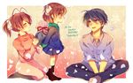  2girls blue_eyes blue_hair brown_eyes brown_hair clannad closed_eyes dango_daikazoku family furukawa_nagisa happy_birthday multiple_girls okazaki_tomoya okazaki_ushio ponytail shiroto_iku short_hair 