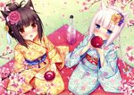  2girls :3 absurdres alcohol animal_ears black_hair blue_eyes blush bottle braid brown_eyes butterfly cat_ears cherry_blossoms chocola_(sayori) chocolat_(sayori) drinking floral_print flower from_above hair_bun hair_flower hair_ornament hanami headdress highres hime_cut japanese_clothes kimono multiple_girls nekopara obi open_mouth original petals pink_hair sakazuki sake sash sayori scan seiza sitting slit_pupils smile tree twin_braids vanilla_(sayori) wide_sleeves 