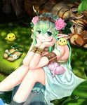  animal animal_on_lap animal_on_shoulder armlet bare_shoulders bird bird_on_shoulder bracer bunny chick chin_rest dress elbows_on_knees elf flower grass green_eyes green_hair hair_between_eyes hair_flower hair_ornament headband highres horns long_hair nature original partially_submerged pointy_ears qixi_cui_xing sandals_removed sitting sleeping smile solo tiger water 