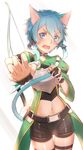  animal_ears blue_eyes blue_hair bow_(weapon) cat_ears highres lu&quot; motion_blur short_hair shorts sinon sinon_(sao-alo) sword_art_online tail weapon 