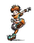  absurdres ass ball blue_eyes brown_hair cleats clenched_hand crown earrings flipped_hair flower_earrings gloves highres jewelry leg_up lips long_hair looking_down mario_(series) masanori_sato midriff official_art outstretched_arm playing_sports princess_daisy shorts sketch soccer soccer_ball soccer_uniform solo sport sportswear super_mario_bros. super_mario_strikers telstar 